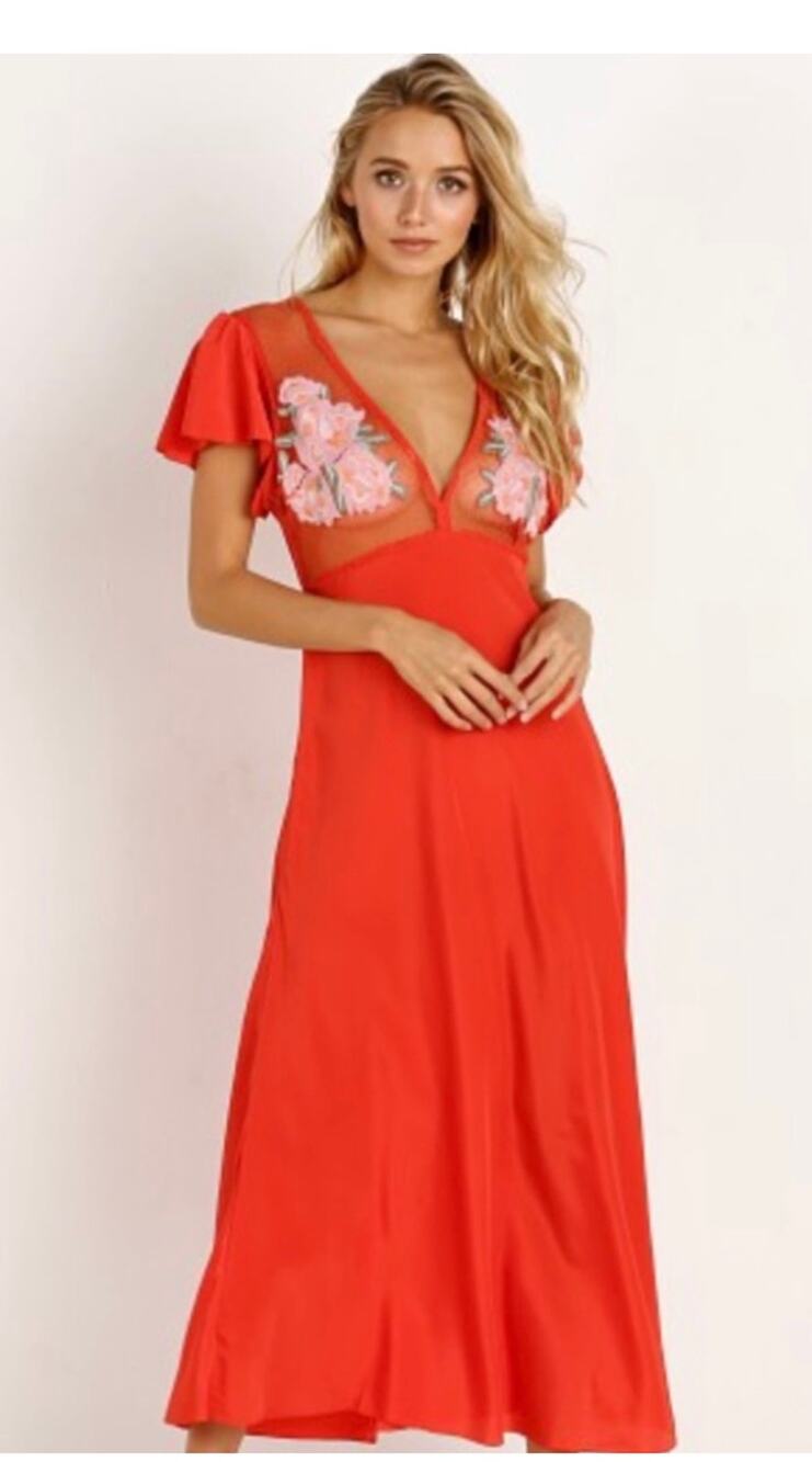 Cleobella Red Crush Floral Embroidered Mesh Midi Dress Size Medium Boho⁠